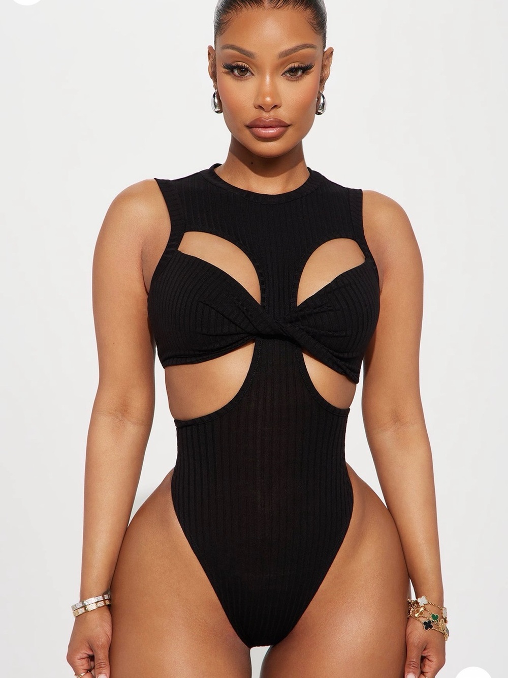 Fashion Nova Black Cutout Ribbed One-Piece bodysuit